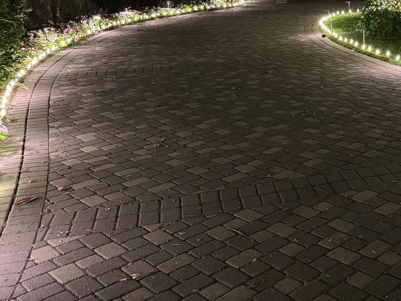 Paver driveway edged on both sides with warm white lights